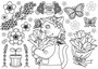 猫のイラスト春のデザイン「SPRING TIME（ぬりえ線画）」チューリップ・蝶・蜂・桜・土筆・双葉・花束（Illustration of a cat Spring design "SPRING TIME Line drawing" Tulip, butterfly, bee, cherry blossom, horsetail, sprout, bouquet）