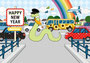 巳年イラスト年賀状デザイン「道路交通蛇と自動車バス飛行機」HAPPY NEW YEAR（Year of the snake illustration new year's card greeting post card design material snake and car bus airplane）