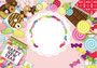 巳年イラスト年賀状デザイン「ジェリービーンズとお菓子セットのフレーム」HAPPY NEW YEAR（Year of the snake illustration new year's card greeting postcard design material jelly beans and sweets set frame）