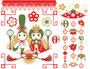 【３月】３月３日桃の節句雛祭り用イラストカットデザインイメージ素材（おめでたい配色赤茶抹茶色）