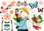 猫のイラスト春のデザイン「SPRING TIME」チューリップ・蝶・蜂・桜・土筆・双葉・花束（Illustration of a cat Spring design "SPRING TIME" Tulip, butterfly, bee, cherry blossom, horsetail, sprout, bouquet）