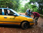 Sierra Leone. In der Nähe der Hauptstadt Freetown befindet sich ein Regenwaldgebiet mit den seltenen und scheuen Waldschimpansen. Die Stoßstange am Taxi hat es leider nicht bis zum Ziel geschafft.