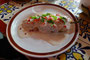 Mexico. Puebla. Mittagessen im einheimischen Restaurant "Que Chula es Puebla". Die Spezialität sind hier "Chiles en Nogada" - Gefüllte Paprika in Nußsoße.