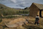 Bolivien. Der Titicaca-See. Die schwimmenden Inseln der Uro-Indianer. Die Plattformen werden aus verschnürten Schilfrohrbündeln erbaut. Die Uros leben vor allem vom Fischfang und heute auch vom Tourismus.
