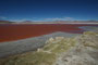 Bolivien. Die Laguna Colorada liegt auf 4.300 m Höhe und ist wegen der auffälligen roten Farbe einzigartig. Die Rotfärbung entsteht durch Mineralien und eine ganz besondere Algenart.