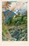 Steg über den Naifbach und Burg Goyen in Schenna im Burggrafenamt, Gefürst. Grafsch. Tirol (heute Südtirol, Bezirksgemeinschaft Burggrafenamt). Chromolithographie 9 x 14 cm, Entwurf: M(ichael). Zeno Diemer, München um 1900.  Inv.-Nr. vu914clg00003