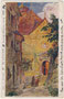 Die Kirchgasse in Kufstein beim Hauptportal der 1660/61 barockisierten Stadtpfarrkirche zum Hl. Vitus. Farbautotypie 9 x 14 cm nach Original von Sepp Thoma (1828 - 1899). Impressum: Verlag Lippott u. Karg, Kufstein um 1915.  Inv.-Nr. vu914fat00139