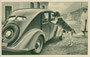 Bernhardiner und Steyr 100, Baujahr 1934. Rastertiefdruck 9 x 14 cm ohne Impressum, Herausgegeben wohl von den Steyr-Werken im Jahr des Produktionsbeginns 1934.  Inv.-Nr. vu914rtd00041