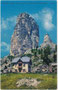 Albergo Cinque Torri unterhalb des Torre Grande d’Averau in den Ampezzaner Dolomiten, ehem. Gde. und Bzk. Ampezzo (heute Cortina d'Ampezzo, Prov. Belluno). Photochromdruck 9 x 14 cm; Impressum: Joh. F. Amonn, Bozen 1911.  Inv.-Nr. vu914pcd00352