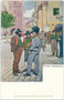Burggräfler Bauern und "Kaiserjäger" (k.u.k. Tiroler Jägerregimenter) in der Altstadt von Meran, ehem. Gef. Grafsch. Tirol (hte. Südtirol). Farbautotypie nach einem Original von H. Auwirth, Verlag Jul. Scheiblein, Meran um 1900.  Inv.-Nr. vu914fat00148