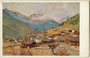 St. Jakob in Defereggen, Bezirk Lienz, Tirol von Nordosten gegen die Rieserfernergruppe (AVE 37) in den Zentralen Ostalpen. Farbautotypie 9 x 14 cm nach einem Original von E. Markac, 1924.  Inv.-Nr. Vu914fat00123