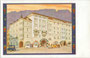 Posthotel "Erzherzog Heinrich" in Bozen, Defreggerstraße 1 (heute Leonardo DaVinci Straße) Ecke Goethestraße. Farbautotypie 9 x 14 cm nach Original von A. St. (wohl Albert Stolz) des ausgehenden Jugendstils um 1910.  Inv.-Nr. vu914fat00104