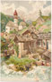 Mühle am Eisack und Pfarrkirche der Gde. Gossensass (ab 1929 Hauptort der Gde. Brenner), Gbz. Sterzing, Bzk. Brixen, Gefürst. Grafsch. Tirol (heute Südtirol). Chromolithographie nach Orig. von Paul Schmohl um 1900.  Inv.-Nr. vu914clg00050