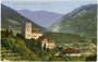 Burg Lebenberg in Tscherms gegen Stadt Meran (1849-1919 Sitz von Bezirkshauptmannschaft und Bezirksgericht, Gefürst. Grafsch. Tirol) und Passeiertal. Photochromdruck 9 x 14 cm; Impressum: Joh. F. Amonn, Bozen 1912.  Inv.-Nr. vu914pcd00243
