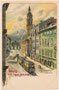 Dampfstraßenbahn der L.B.H.i.T. (Localbahn Innsbruck-Hall in Tirol) der Ära 1891-1899 im Südabschnitt der Maria-Theresien-Straße. Chromolithographie 9 x 14 cm nach einem Original von Erw(in). Spindler um 1897.  Inv.-Nr. vu914clg00052