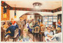 Gaststube des Hotel "Regina" in Cortina d'Ampezzo, via del Castello 1  (unverändert erhalten!). Farboffsetdruck 10 x 15 cm nach einem  Original von Filippo Romoli (1901-1969); Impressum: Barabino & Graeve, Genova um 1925.  Inv.-Nr. vu105fod00172