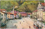Piazza Tiberio (vor 1923 Kaiser-Franz-Joseph-Platz, heute Grieser Platz) in der ehem. Marktgemeinde Gries (1925 nach Bozen eingemeindet) und Hst. der Straßenbahn Bozen. Farbautotypie 9 x 14 cm; Sormani, Milano um 1925.  Inv.-Nr. vu914fat00022