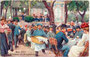 Kaffeehausbetrieb im Wiener Prater an einem Sonn- oder Feiertag mit Konzert einer Militärmusikkapelle. Farbautotypie 9 x 14 cm; Impressum: B.K.W.I. (Brüder Kohn, Wien I.) um 1910, Künstlersignatur unlesbar. Inv.-Nr. vu914fat00106