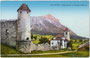 Castello de Zanna und Kirche zur Hl. Dreifaltigkeit in Cortina d'Ampezzo, Fraktion Majon mit Sorapiss (3.205 m s.l.m.). Photochromdruck 9 x 14 cm; Aufnahme und Verlag Gerstenberger & Müller, Bozen um 1905.  Inv.-Nr. vu914pcd00173