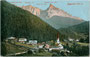 Eggen, Gde. Deutschnofen mit Kuratiekirche St. Nikolaus (Pfarrerhebung 1919) im Eggental, Bzk. Bozen, Gefürst. Grafsch. Tirol (heute Südtirol) gegen Latemar. Farblichtdruck 9 x 14 cm; Aufnahme/Verlag J. Rieder, Welschnofen 1914.  Inv.-Nr. vu914fld00047