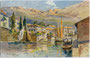 Hafen von Torbole, Bzk. Riva, Gefürst. Grafsch. Tirol (heute Nago-Torbole, Comunità Alto Garda e Ledro, Provincia autonoma di Trento) . Farbautotypie 9 x 14 cm, Entwurf: Fritz Lach (1868-1933); Verlag Albert & Schmidt, Wien 1905.  Inv.-Nr. vu914fat00128