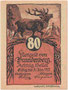 Notgeldschein mit Motiv Rothirsch zum Nominale 80 Heller der Gemeinde Brandenberg, Bezirk Kufstein, Tirol (Avers). Druck: Wagner'sche Universitätsdruckerei Innsbruck 1921. 
