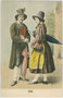 Paar aus Söll, Bezirk Kufstein, Tirol in regionaltypischer Kleidung um 1800. Farblichtdruck 9 x 14 cm; Impressum: Verlag Ernst Schmid, Innsbruck um 1905.  Inv.-Nr. vu914fld00055