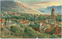 Tappeinerweg in Meran und Turm der Stadtpfarrkirche St. Nikolaus gegen das Mendelgebirge. Farbautotypie 9 x 14 cm nach einem Original von H.F. Obermeyer. Verlag Raphael Tuck & Sons, Berlin um 1907.  Inv-Nr.  vu914fat00129