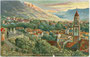 Tappeinerweg in Meran und Turm der Stadtpfarrkirche St. Nikolaus gegen das Mendelgebirge. Farbautotypie 9 x 14 cm nach einem Original von H.F. Obermeyer. Impressum: Raphael Tuck & Sons, Berlin um 1907.  Inv-Nr.  vu914fat00129