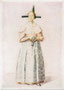 "Alt-Boznerin". Festkleid der Bozner Bürgerfrauen wohl 19. Jh.  Farbautotypie 10 x 15 cm nach unsigniertem Original (Rudolf Stolz ?). Verlag VDA Volksbund für das Deutschtum im Ausland, Berlin um 1935 (Propagandakarte).  Inv.-Nr. vu105fat00037