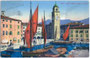Hafen mit dem Torre Apponale (Stadtturm) von Riva (bis 1919 Bzk. Riva, Gefürst. Grafsch. Tirol, danach Riva del Garda, Provincia di Trentot, Italien). Photochromdruck 9 x 14 cm; Paul Bender Zürich um 1910.  Inv.-Nr. vu914pcd00090
