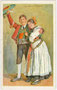 "Tiroler Trachten: Brautpaar aus Olang, Südtirol." Farbautotypie nach einem Original von Paula Tiefenthaler verehel. Hornsteiner (1881 Mils – 1942 Solbad Hall jew. Tirol); Impressum: Verlag Joh(ann). F(ilibert). Amonn, Bozen 1919.  Inv.-Nr. vu914fat00001
