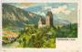 Von den Herren von Freundsberg 1150 gegründete Burg Freundsberg über der Bezirkshauptstadt Schwaz. Farbautotypie 9 x 14 cm; Künstlersignatur am Entwurf unleserlich. Verlag S. Wagner, Schwaz um 1900.  Inv.-Nr. vu914fat00069
