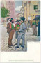 Burggräfler Bauern und "Kaiserjäger" (k.u.k. Tiroler Jägerregimenter) in der Altstadt von Meran, Gefürst. Grafsch. Tirol (heute Südtirol). Farbautotypie nach einem Original von H. Auwirth, Verlag Julius Scheiblein, Meran um 1900.  Inv.-Nr. vu914fat00148