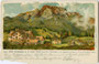 Hotel "Dürrenstein" auf der Plätzwiese, Gemeinde Prags, ehem. Bezirk Bruneck gegen die Hohe Gaisl der Pragser Dolomiten. Photochromdruck 9 x 14 cm nach Original von F.A.C.M. Reisch, Meran. Impressum: Verlag H. Leipoldt, Plätzwiese um 1900. Inv.Nr. vu914pc