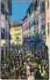 Belebter Marktbetrieb im oberen Abschnitt vom Obstplatz in der Bezirkshauptstadt Bozen, Gefürstete Grafschaft Tirol (bis 1919, heute Südtirol). Photochromdruck 9 x 14 cm; Verlag Joh(ann). F(ilibert). Amonn, Bozen 1911.  Inv.-Nr. vu914pcd00093