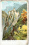 Höhenburg Karneid in gleichnamiger Gemeinde bei Bozen, der Legende nach im 13. Jh. im Besitz der Herren von Greifenstein. Chromolithographie, Entwurf: M. Zeno Diemer (1867-1939); Verlag: Ottmar Zieher, München um 1900.  Inv.-Nr. vu914clg00047