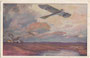 "Militärtaube auf Erkundungsflug bei den Masurischen Seen"; präzise: Etrich-Taube in Österreich-Ungarn, Rumpler-Taube im Dt. Reich. Farbautotypie 9 x 14 cm nach einem Original von Hans Rudolf Schulze (1870-1951).  Inv.-Nr. vu914fat00157