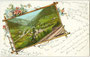St. Jodok am Brenner, Gemeinde Vals, Bzk. Innsbruck-Land, Tirol von Südwesten. Photomontage in Bilderrahmen- und Blumendekor. Photochromdruck 9 x 14 cm ohne Impressum, postalisch befördert 1900.  Inv.-Nr. vu914pcd00254