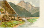 Kornmühle mit unterschlächtigem Mühlrad am Ziller in Mayrhofen, Bzk. Schwaz, Tirol. Chromolithographie 9 x 14 cm, Entwurf: Paul Schmohl (1870 Cannstatt – 1946 Backnang); Verlag M. Seeger, Stuttgart um 1900.  Inv.-Nr. vu914clg00044
