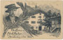 "Gasthaus des Adolf Ascher - Brandenberg in Tirol. 820 m" mit Glasveranda und Wirtsportrait. Lichtdruck 9 x 14 cm; Lichtdruck nach Federzeichnung von Erich Heermann (1880-1947), Graphiker in Kramsach, postal. befördert 1924.  Inv.-Nr. vu914ld00319
