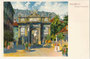Anlässlich Erzherzog Leopolds Hochzeit 1765 erbaute Triumphpforte mit hindurch führender Straßenbahnlinie. Chromolithographie 9 x 14 cm nach Original eines anonymen Künstlers ohne Impressum, um 1900.  Inv.-Nr. vu914clg00051