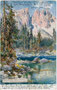 Karersee (Gemeinde Welschnofen) und Latemar in den Dolomiten. Farbautotypie 9x14cm; Entwurf: J. Lehr, Verlag A. Edlinger, Innsbruck um 1920.  Inv.-Nr. vu914fat00083