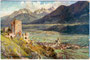 Burgruine Fragenstein über Zirl, Gbz. Telfs, Bzk. Innsbruck-Land, Gefürst. Grafsch. (heute Bundesland) Tirol gegen die Stubaier Alpen. Farbautotypie 9 x 14 cm nach Original eines Anonymus ohne Urhebernachweis um 1905.  Inv.-Nr. vu914fat00065