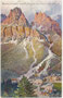 „Monte Cristallo und Piz Popena mit Tre Croci 1815 m.“ im Gemeindegebiet von Cortina d'Ampezzo. Farbautotypie 9 x 14 cm nach einem Original mit unleserlicher Signatur. Verlag Piero A. Ghedina, Cortina d'Ampezzo um 1930.  Inv.-Nr. vu914fat00136