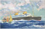 Turbinenpassagierschiff „Bremen“ IV des Norddeutschen Lloyd Bremen, ab 1929 in Dienst auf der Transatlantikroute Bremerhaven-New York, 1941 durch Feuer zerstört. Farboffsetdruck 9 x 14 cm nach unsigniertem Entwurf 1939.  Inv.-Nr. vu914fod00006