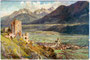 Burgruine Fragenstein über Zirl, Bezirk Innsbruck-Land, Tirol gegen die Stubaier Alpen. Farbautotypie 9 x 14 cm nach Original eines anonymen Künstlers, ohne Impressum um 1910.  Inv.-Nr. vu914fat00065
