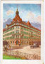Hotel „Arlberger Hof“ (heute Wohn- und Geschäftshaus) in Innsbruck Salurner Straße 1 mit Hauptportal zum Bahnhofplatz (heute: Südtiroler Platz). Farbautotypie 10 x 15 cm,  Entwurf: R. Preuss, Innsbruck um 1925. Inv.-Nr. vu105fat00007