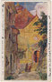 Kirchgasse in Kufstein beim Hauptportal der 1660/61 barockisierten Stadtpfarrkirche zum Hl. Vitus. Farbautotypie 9 x 14 cm nach Original von Sepp Thoma (1828-1899). Vereinigter Kunstverlag Ed. Lippott u. A. Karg, Kufstein um 1915.  Inv.-Nr. vu914fat00139