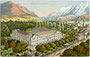 "Grand Hotel des Bains" in Levico Terme, Valsugana, bis 1919 Gbz. Levico, Bzk. Borgo, Gefürst. Grafsch. Tirol (heute Comunità C4 Alta Valsugana e Bersntol, Provincia di Trento, Italien). Photochromdruck 9 x 14 cm, um 1910.  Inv.-Nr. vu914pcd00311